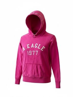 American Eagle Hot Pink Hooded Sweatshirt Sz Medium High Neck 2 Button Chest 39”